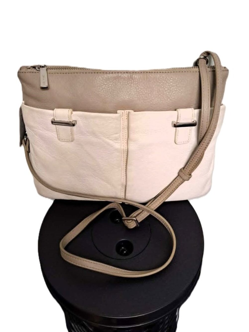 Danier Two Tone Genuine Leather Crossbody Bag Cream Taupe Multi Pocket Purse